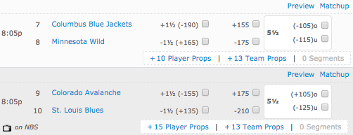 Blues vs Avalanche - Bovada NHL Puck Betting Prices - Wild vs Blue Jackets